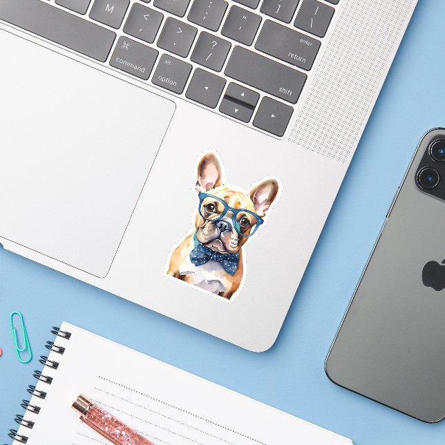 Pegatina Bulldog Francés con Gafas Impermeable (Ordenado portátil con iPhone)