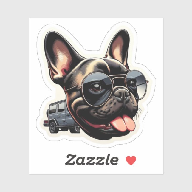 Pegatina Bulldog francés Guay con gafas de sol y SUV (Hoja)