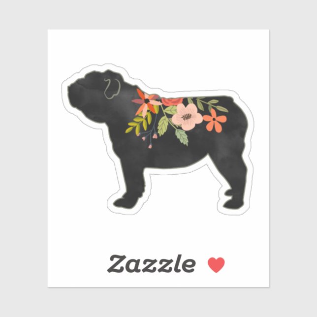 Pegatina Bulldog Inglés Raza de Perro Boho Floral Silhouett (Hoja)