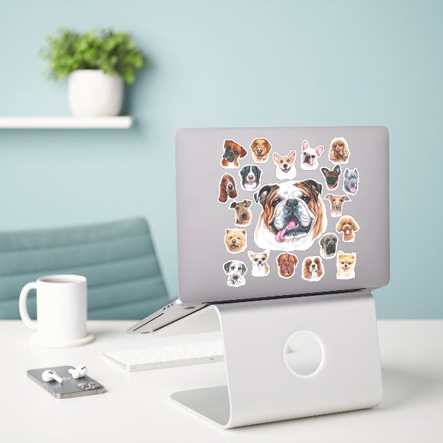 Pegatina Bulldog inglés y amigos (Ordenado portátil  en el escritorio)