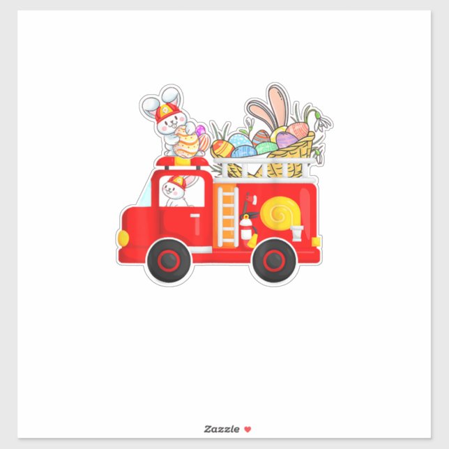 Pegatina Bunny Riding Firetruck Easter Day Firefighter Happ (Hoja)