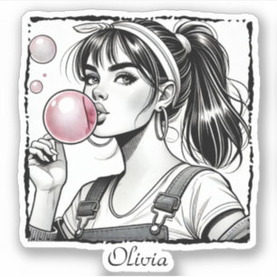 Pegatina Burbuja rosa Chica, diversión cómica, negro y blan