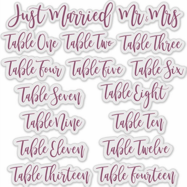 Pegatina Burgundy Typography Just Married, Mr & Mrs & Table (Anverso)