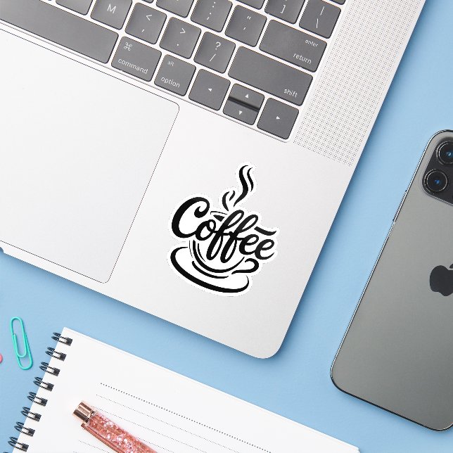 Pegatina But First Coffee | Chic Modern Script Typography D (Ordenado portátil con iPhone)