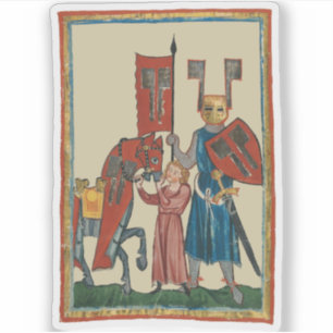 Pegatina Caballero y escudero, arte medieval del siglo XIV
