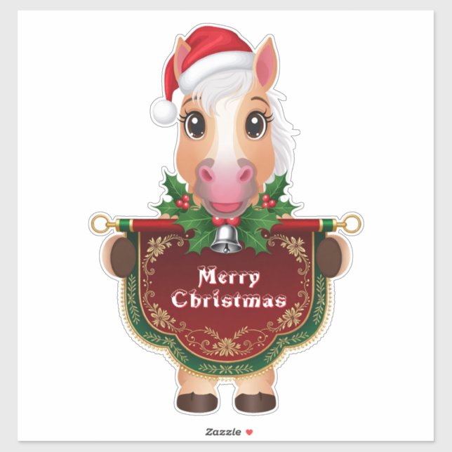 Pegatina Caballo alegre de Navidad con estandarte (Hoja)