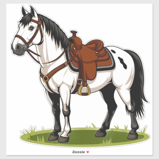 Pegatina Caballo Blanco De Pie En Campo De Hierba (Hoja)