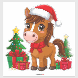Pegatina Caballo de Navidad lindo con sombrero de Santa