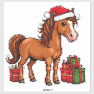 Pegatina Caballo de Navidad lindo con sombrero de Santa