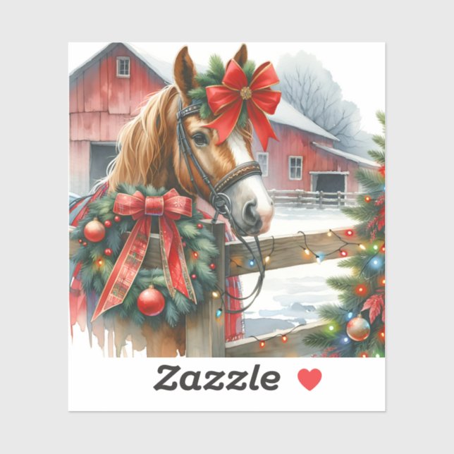 Pegatina Caballo marrón bonito en Navidad con lazo rojo (Hoja)