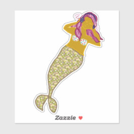 Pegatina Cabello rosa, sirena de cola dorada escuchando mús