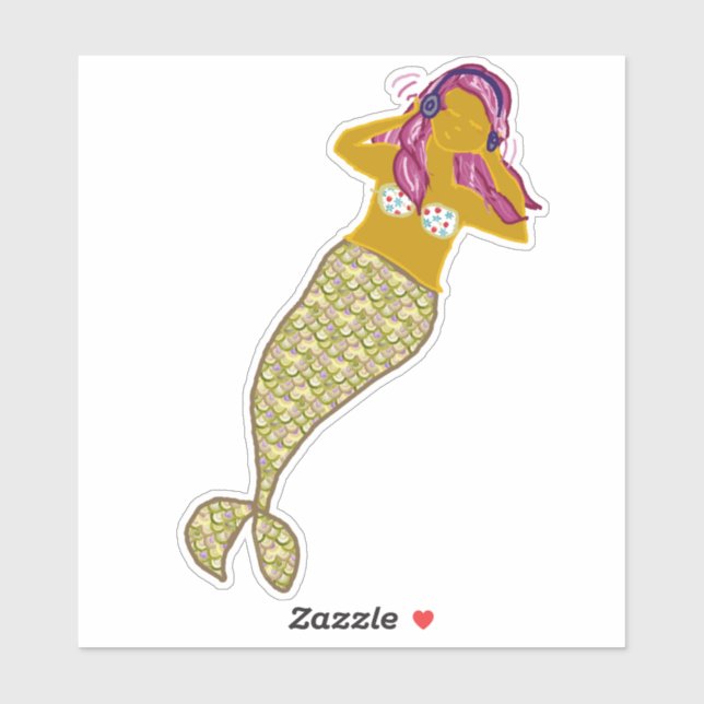 Pegatina Cabello rosa, sirena de cola dorada escuchando mús (Hoja)