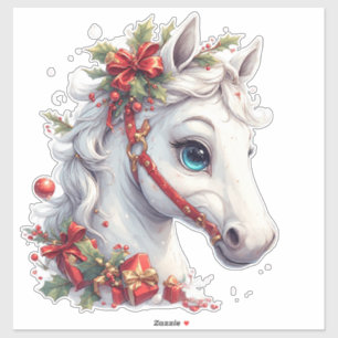 Pegatina Cabeza de caballo blanca festiva con brida roja