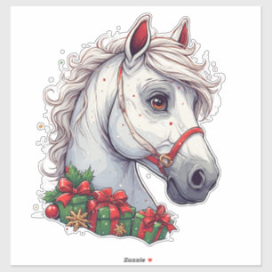 Pegatina Cabeza de caballo blanca festiva con brida roja