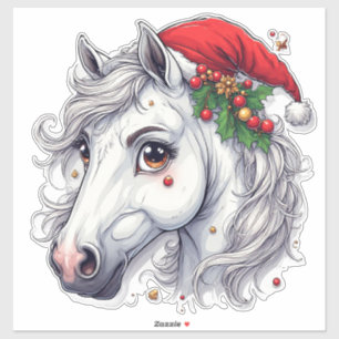 Pegatina Cabeza de caballo blanca festiva con brida roja