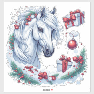 Pegatina Cabeza de caballo blanca festiva con brida roja