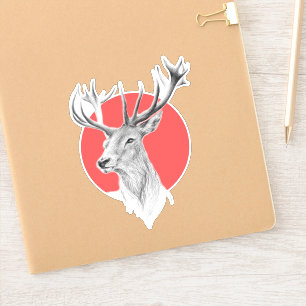 Pegatina Cabeza de ciervo Dibujo de Stag Círculo rojo Arte