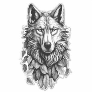 Pegatina cabeza de lobo hojas animal dibujo arte original