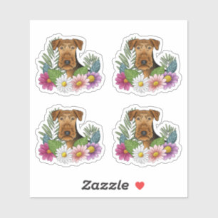 Pegatina Cabeza de perro Airedale Terrier Flores de verano