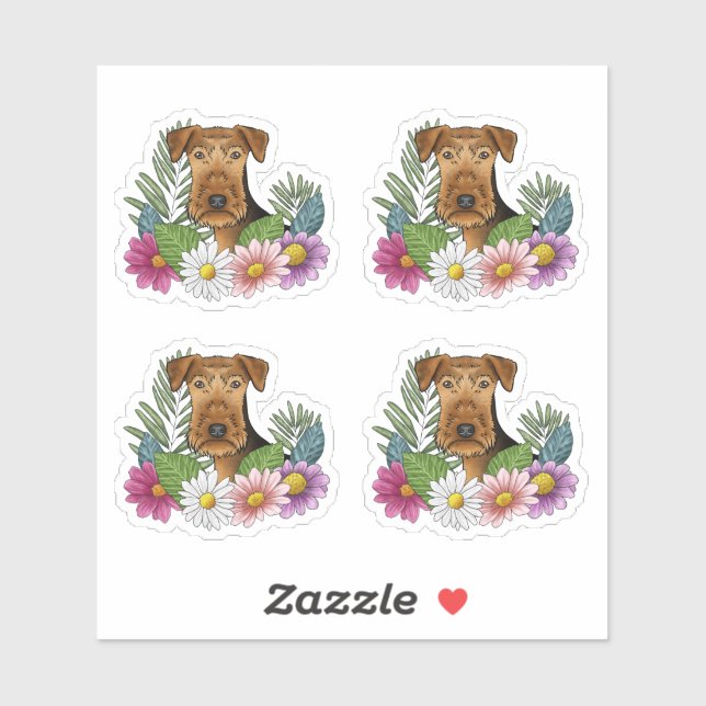 Pegatina Cabeza de perro Airedale Terrier Flores de verano  (Hoja)