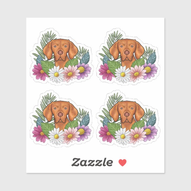 Pegatina Cabeza de Vizsla Húngaro con Flores de Verano Colo (Hoja)