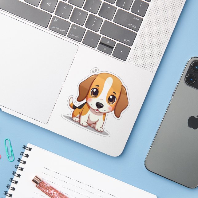 Pegatina Cachorro adorable de Beagle – Sticker pastel (Ordenado portátil con iPhone)