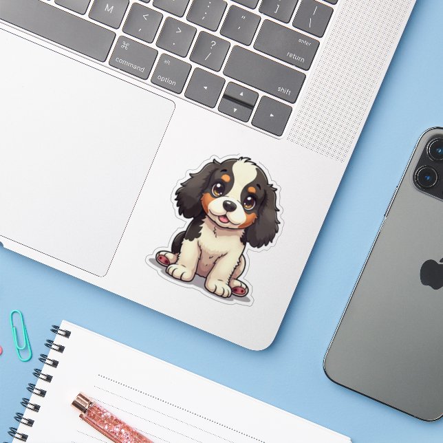 Pegatina Cachorro Adorable de Cocker Spaniel – Estilo Chibi (Ordenado portátil con iPhone)