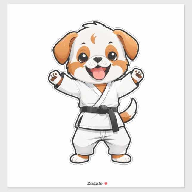 Pegatina Cachorro de dibujos animados alegres en Karate Gi (Hoja)
