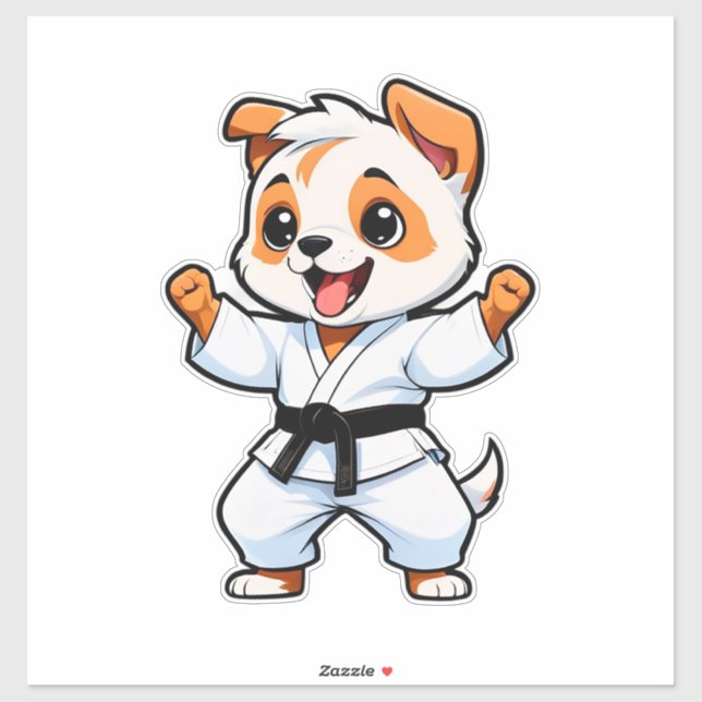 Pegatina Cachorro de dibujos animados alegres en Karate Gi (Hoja)