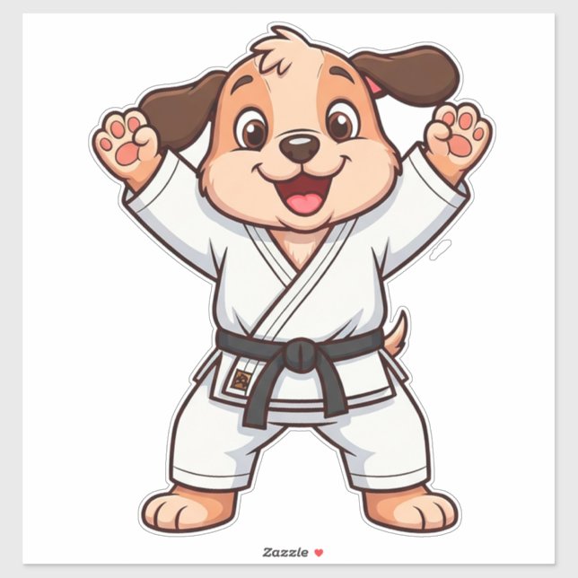Pegatina Cachorro de dibujos animados alegres en Karate Gi (Hoja)