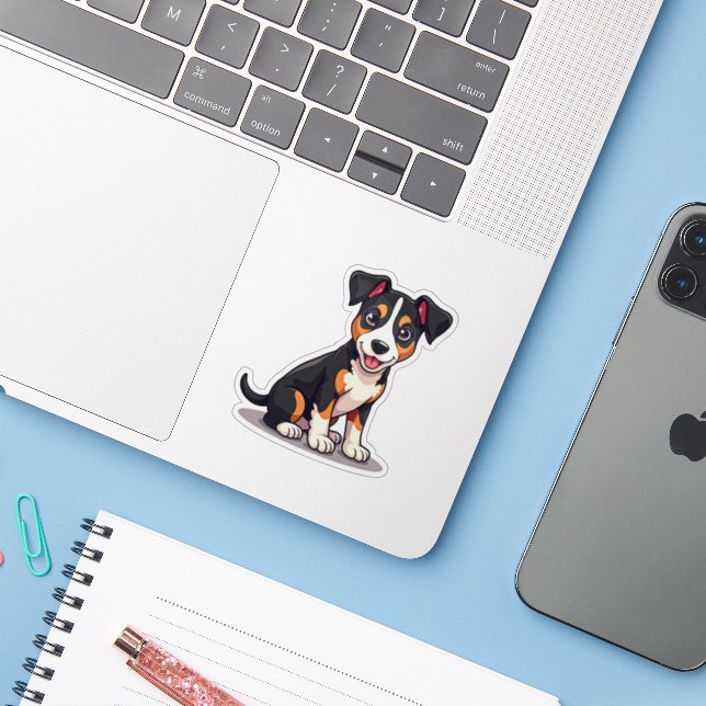 Pegatina Cachorro Feliz de Manchester Terrier – Arte Chibi (Ordenado portátil con iPhone)