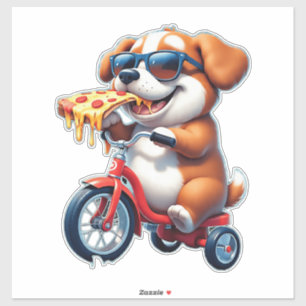 Pegatina cachorro montando una bicicleta comiendo pizza