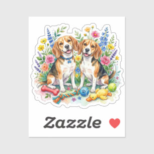 Pegatina Cachorros Beagles Adorables al Acuarela