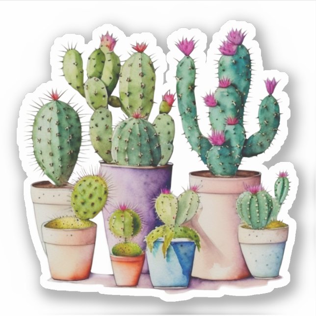 Pegatina Cactus cactus cutáneo de acuarela en macetas (Anverso)
