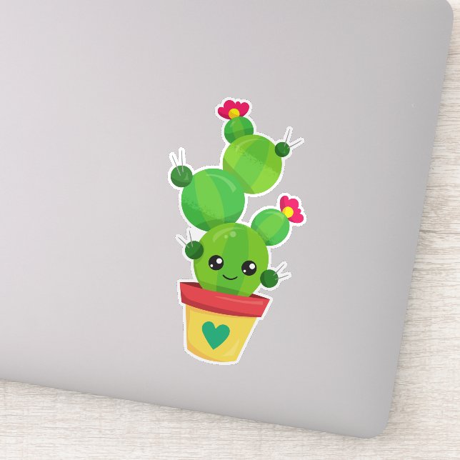 Pegatina Cactus Cute, Cactus Verde, Cactus Kawaii, Flores (Detalle)