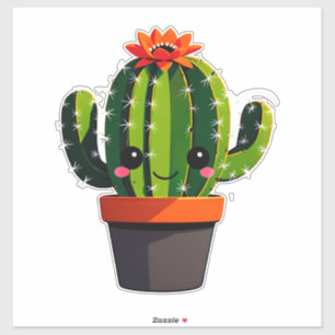 Pegatina Cactus de dibujos animados lindo en maceta con flo