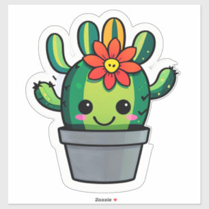 Pegatina Cactus de dibujos animados lindo en maceta con flo