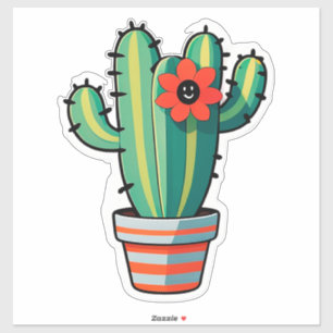 Pegatina Cactus de dibujos animados lindo en maceta con flo