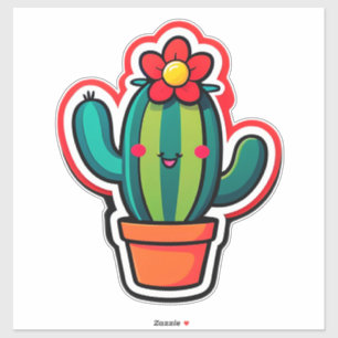 Pegatina Cactus de dibujos animados lindo en maceta con flo