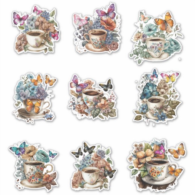 Pegatina Café floral con mariposa (Anverso)