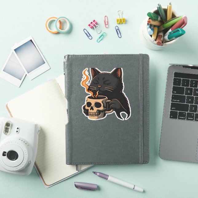 Pegatina Café Gato Oscuro Con Mug De Calavera Sobredimensio (Funda para iPad)