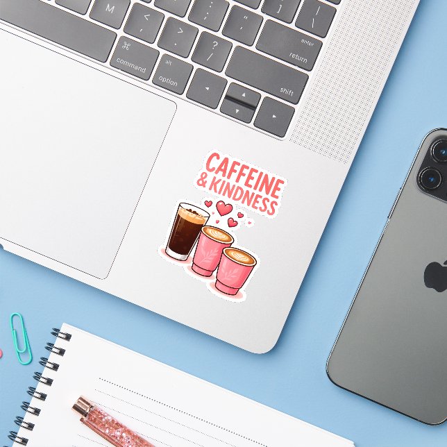 Pegatina Caffeine & Kindness Sticker (Ordenado portátil con iPhone)