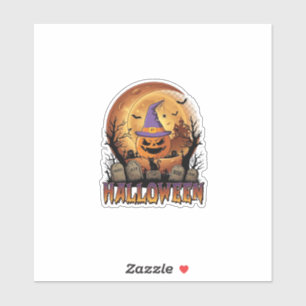 Pegatina Calabaza de Halloween Sombrero de Bruja Gato Negro