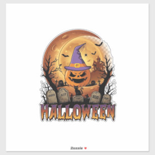 Pegatina Calabaza de Halloween Sombrero de Bruja Gato Negro