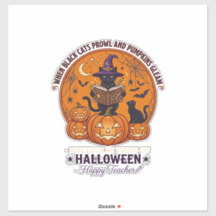 Pegatina Calabaza Feliz Maestro Gato Negro Bruja Sombrero P