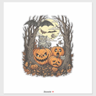 Pegatina Calabazas de Halloween Gato Gris Murciélago Luna L