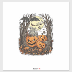 Pegatina Calabazas de Halloween Gato Gris Murciélago Luna L