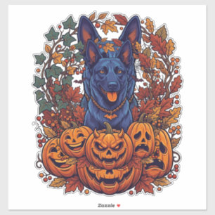 Pegatina Calabazas de Halloween Pitbull Azul Hojas de Otoño