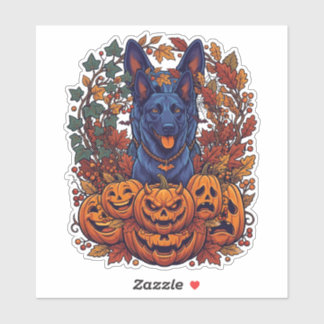 Pegatina Calabazas de Halloween Pitbull Azul Hojas de Otoño