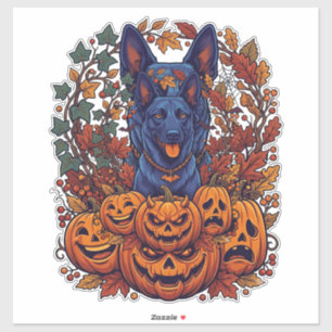 Pegatina Calabazas de Halloween Pitbull Azul Hojas de Otoño